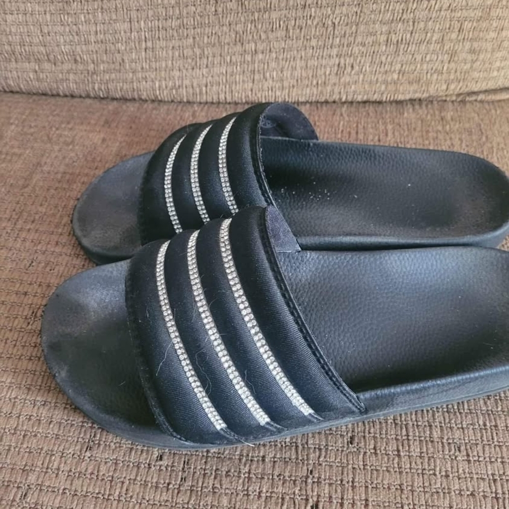 Black Slide Sandals with Silver Stripes